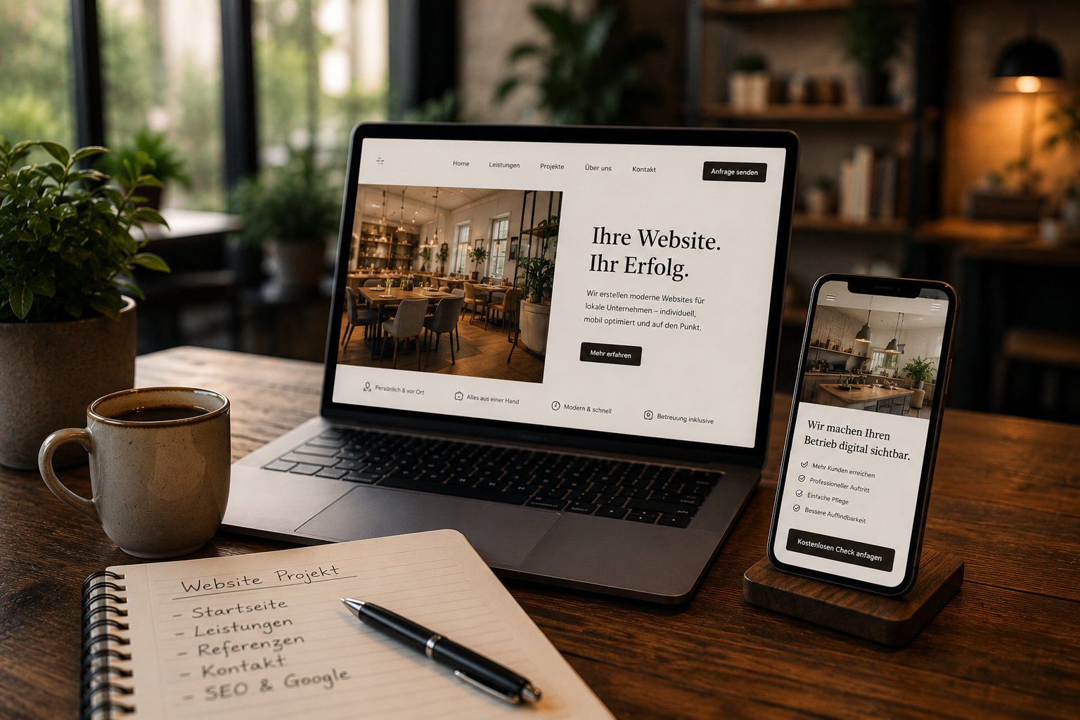 Website eines lokalen Betriebs auf Laptop und Smartphone auf einem Holztisch