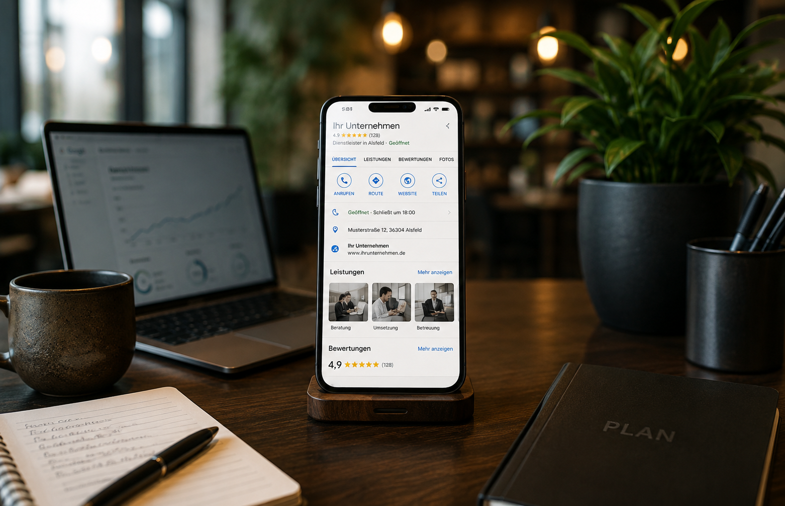 Google-Unternehmensprofil auf einem Smartphone: Bewertungen, Öffnungszeiten, Adresse und Leistungen